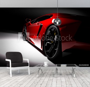 Picture of Red fast sports car in spotlight black background Shiny new luxurious